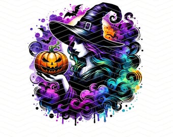 Witch and Pumpkin Watercolour PNG,  Halloween Witch Clipart, Halloween Tumbler, Halloween Mug, Cute Witch Sublimation, Watercolour Witch
