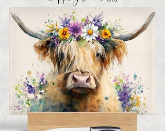 Watercolour Spring Cow Cutting Board Design, Baking Sublimation Board, Sublimation Cutting, Glass Kitchen Cutting Board PNG