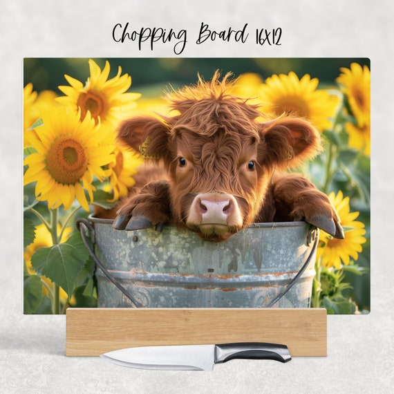 Highland Cow Sunflowers Cutting Board Design, Baking Sublimation Board, Sublimation Cutting, Glass Kitchen Cutting Board PNG