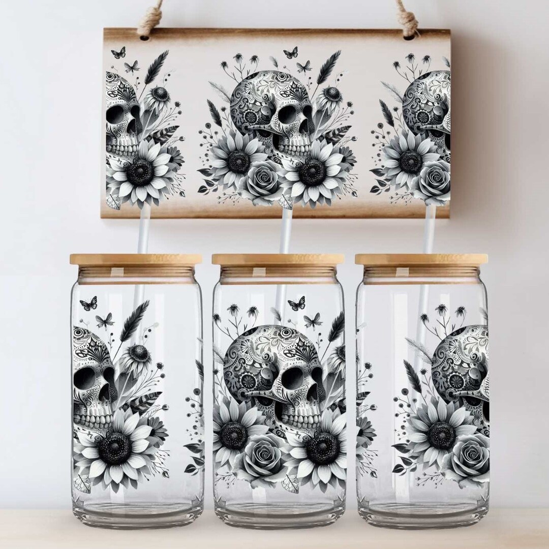 Tattoo Skull SEAMLESS 16oz Libbey Can Wrap, Halloween Libbey Glass Wrap ...