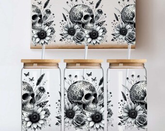 Tattoo Skull SEAMLESS 16oz Libbey Can Wrap, Halloween Libbey Glass Wrap Sublimation, Halloween Beer Glass Can Wrap, Halloween Glass Tumbler