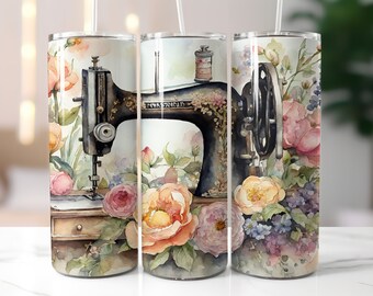 Vintage Sewing Machine Tumbler Wrap, 20 oz Skinny Tumbler Sublimation Design, Instant DIGITAL Download PNG, Sewer Crafter Tumbler Wrap