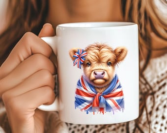 Cute Union Jack Highland Cow PNG Sublimation Design, British Patriotic Sublimation, Glass Jar png Design, Tshirt Design, UVDTF Design