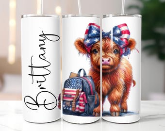 Lägg till namn American Highland Cow SEAMLESS Tumbler Wrap, Anpassad 20oz Skinny Tumbler Sublimeringsdesign, Söt Cow School Tumbler Wrap PNG