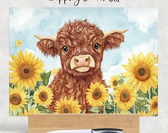 Sunflower Highland Cow Cutting Board Design, Baking Sublimation Board, Sublimation Cutting, Glass Kitchen Cutting Board PNG