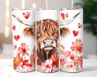 Valentine Highland Cow SEAMLESS 20oz Skinny Tumbler PNG Sublimation Design, Highlander Cow Tumbler Wrap, Floral Cow PNG