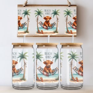 Beach Vibes Highland Cow SEAMLESS Libbey Glass Wrap, Beer Glass Can Wrap, Glass Tumbler Wrap, Farm Glass Can PNG, Cute Glass Wrap