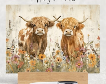 Cute Meadow Heifers Highland Cow Cutting Board Design, Baking Sublimation Board, Sublimation Cutting, Glass Kitchen Cutting Board PNG