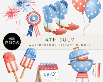 Ensemble de cliparts du 4 juillet, lot de cliparts aquarelle, PNG aquarelle jour de l'indépendance, lot d'illustrations de l'Amérique, usage Commercial