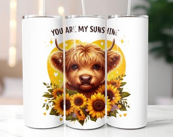 You are my Sunshine SEAMLESS 20oz Skinny Tumbler, Cute Highland Cow Sublimation Design, Sunflowers png, Instant DIGITAL Download PNG,