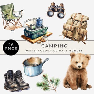 Camping Clipart Set, Watercolour Clipart Bundle, Watercolour Woodland Camping Files, Campsite Illustrations Bundle, Commercial Use