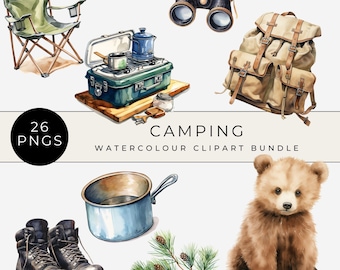 Camping Clipart Set, Watercolour Clipart Bundle, Watercolour Woodland Camping Files, Campsite Illustrations Bundle, Commercial Use