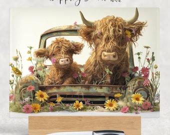 Truck Heifers Floral Highland Cow Cutting Board Design, Baking Sublimation Board, Sublimation Cutting, Glass Kitchen Cutting Board PNG