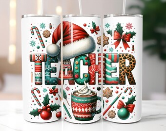 Teacher Christmas SEAMLESS 20oz Skinny Tumbler Wrap, Merry Teacher Tumbler Wrap, Gift for Teacher, Christmas Teacher PNG Digital Download