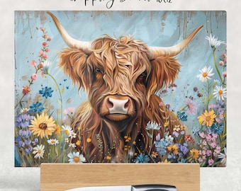 Wild Meadows Highland Cow Cutting Board Design, Baking Sublimation Board, Sublimation Cutting, Glass Kitchen Cutting Board, Highland Cow PNG