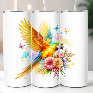 Watercolour Parrot 20 oz Skinny Tumbler Sublimation Design, Parrot PNG, Floral Parrot Tumbler PNG, Parrot Tumbler Wrap