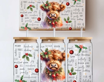 Highland Cow Christmas SEAMLESS 16oz Libbey Glass Can Wrap, Beer Glass Can Wrap, Glass Tumbler Wrap, Glass Can Design PNG, Christmas PNG