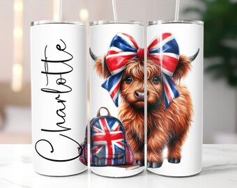 Lägg till namn British Highland Cow SEAMLESS Tumbler Wrap, Anpassad 20oz Small Tumbler Sublime Design, Söt Cow School Tumbler Wrap PNG