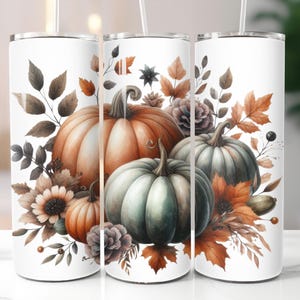 Floral Pumpkins SEAMLESS 20oz Skinny Tumbler Wrap, Autumn Sublimation Tumbler Design, Pumpkin Sublimation Design PNG, Floral Fall Tumbler