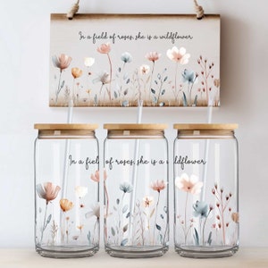 She is a Wildflower 16oz Libbey Glass Can Wrap, Beer Glass Can Wrap, Glass Tumbler Wrap, Glass Can Design PNG, Flowers Libbey PNG