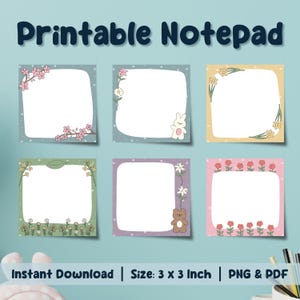 Bloc de notas imprimible con flores, adorable plantilla de bloc de notas, lindo bloc de notas con flores, descarga digital, plantilla de notas adhesivas