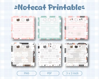 May include: Six square printable note sheets labelled Notecat Printable, each measuring 3 x 3 inches. The designs feature various cat-themed patterns in pastel colours with horizontal lines for writing. Available in PNG and PDF formats by Dennalie Paperie.