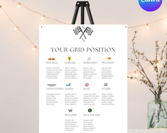 Números de mesa para bodas de equipos de F1: plantilla editable de Canva (Mesas 1-10)