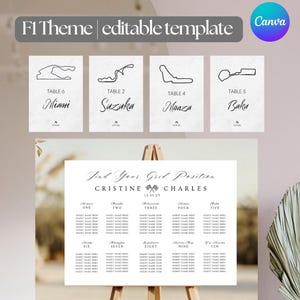 Puede incluir: Un plano de asientos de boda con temática de carreras. El plano está titulado "Find Your Grid Position" con los nombres "Cristine" y "Charles" y la fecha "12.01.25". El plano enumera las mesas con nombres como "Mónaco", "Bakú" y "Miami".