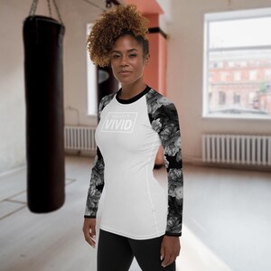 Dark Peonies (Silver) - Women&#39;s Long Sleeve Rash Guard | Nogi BJJ, Brazilian Jiu Jitsu, Grappling, Wrestling, Surfing, Compression Shirt
