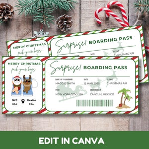 Plantilla editable de tarjeta de embarque navideña para Canva, viaje sorpresa con temática tropical o crucero sorpresa, boleto de avión personalizable.
