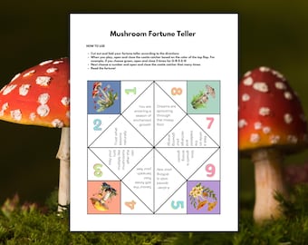 Gioco "acchiappa-pulci" a forma di fungo / indovino per bambini; un'idea mistica per feste di compleanno o per tutti i giorni, disponibile nei formati A4 e US Letter.