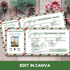 Plantilla editable de tarjeta de embarque navideña para Canva, plantilla personalizable de boleto de avión para regalo sorpresa.