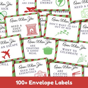 Op de afbeelding: Een verzameling vierkante kaarten met verschillende zinnen zoals "Open als je je ziek voelt" en "Open als je een snack nodig hebt". Elke kaart heeft een rood-groene gestreepte rand en een bijbehorend pictogram. De tekst "100+ Enveloppenlabels" staat onderaan.