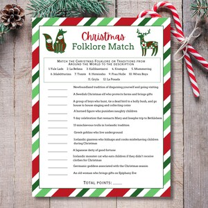 Könnte beinhalten: Ein druckbares Weihnachts-Folklore-Matching-Spiel mit einem rot-grünen gestreiften Hintergrund. Das Spiel enthält eine Liste von Weihnachts-Folklore-Traditionen aus aller Welt und deren Beschreibungen. Das Spiel enthält einen Bereich für die Gesamtpunktzahl.
