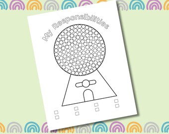 May include: A black and white printable sheet with the words "My Responsibilities" above a gumball machine graphic. The gumball machine has a large circle filled with smaller circles, and a dispensing area below.