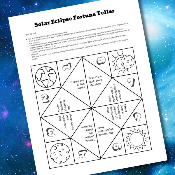 Solar Eclipse Coloring Page Cootie Catcher, Space Fortune Teller Instant Download