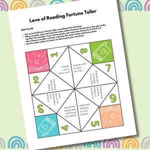 May include: A printable fortune teller game for book lovers. The fortune teller is folded into a square with eight sections. Each section has a number and a description of a book. The descriptions include: a book with a blue cover, a book with an epic journey, a book with a number in the title, a book that contains poetry or song lyrics, a book with interesting art on the cover, a book with royal characters, a book set in the ocean, forest, or a book you think your best friend would like.