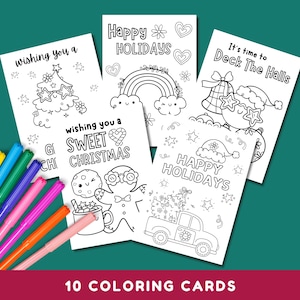 Tarjetas para colorear navideñas geniales (10 tarjetas), Kawaii para colorear navideñas, descarga instantánea, PDF con formato carta de EE. UU.
