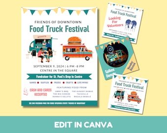 Editable Templates for Food Truck Festival, Flyer and Social Media Templates for Canva, Advertise Food Truck Event on Instagram and Facebook