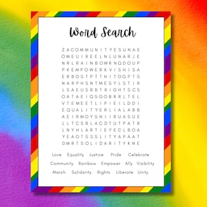 Ricerca di parole sull'orgoglio, ideale per tutte le età; giochi LGBTQA+ con carta e penna per bambini, adolescenti, adulti e anziani