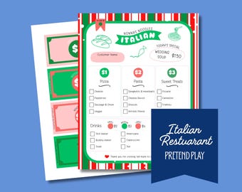 Menù di gioco di finzione del ristorante italiano/Gioco di fantasia del negozio di noodle/Centro scolastico/Menù di finzione e soldi finti/Download immediato
