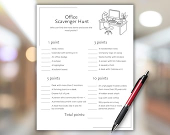 Caccia al tesoro in ufficio: gioco rompighiaccio per il team building o per feste aziendali; download immediato in formato US Letter e A4.