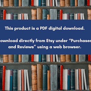 Puede incluir: Un banner azul con texto blanco que dice "Este producto es una descarga digital PDF. Descarga directamente desde Etsy en "Compras y rese&ntilde;as" usando un navegador web."