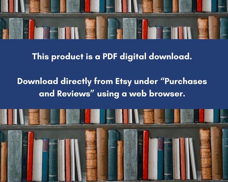 Puede incluir: Un banner azul con texto blanco que dice "Este producto es una descarga digital PDF. Descarga directamente desde Etsy en "Compras y rese&ntilde;as" usando un navegador web."