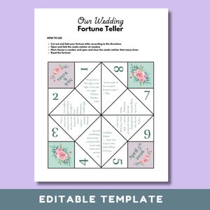 Puede incluir: Una plantilla de adivinación de boda blanca con un diseño floral. El texto "Our Wedding Fortune Teller" está en la parte superior. Se incluyen instrucciones y los números 1-9. La parte inferior de la plantilla dice "EDITABLE TEMPLATE".