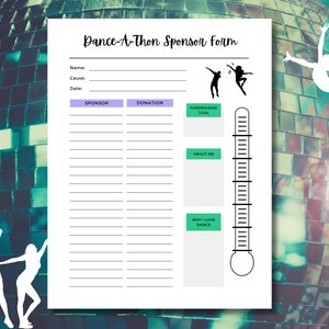 Fundraising Form Dance-A-Thon Sponsor Tracker Instant Download Dance Donation Form