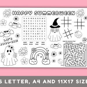May include: Black and white printable activity sheet with the text "HAPPY SUMMERWEEN" and various Halloween-themed illustrations, including ghosts, flowers, a rainbow, and a maze. Includes a word search puzzle and tic-tac-toe.