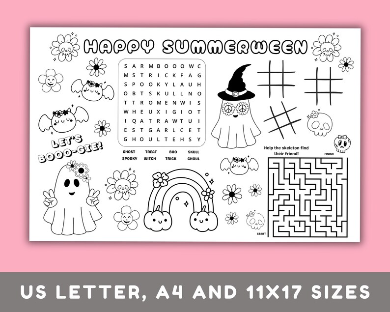 May include: Black and white printable activity sheet with the text "HAPPY SUMMERWEEN" and various Halloween-themed illustrations, including ghosts, flowers, a rainbow, and a maze. Includes a word search puzzle and tic-tac-toe.