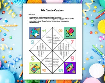 Gioco "acchiappa-fortuna" / "indovino" anni '90 per bambini; ideale come regalino per feste di compleanno o per tutti i giorni a tema Y2K, download immediato, disponibile nei formati A4 e US Letter.