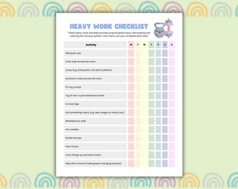 Lista di controllo delle attività lavorative pesanti per la propriocezione, la regolazione emotiva, la terapia somatica per l'elaborazione sensoriale, l'ADHD e l'ansia.